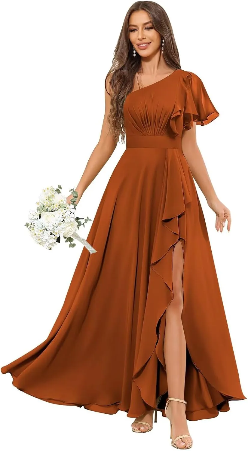 One Shoulder Bridesmaid Dresses with Sleeves Ruffle Chiffon Formal Dress for Women