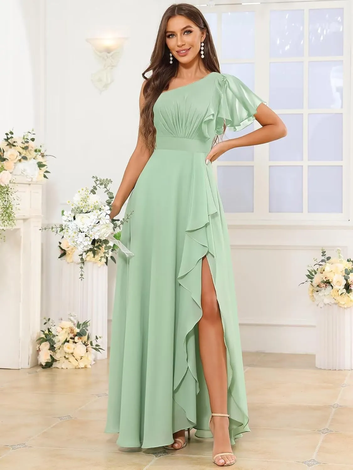 One Shoulder Bridesmaid Dresses with Sleeves Ruffle Chiffon Formal Dress for Women