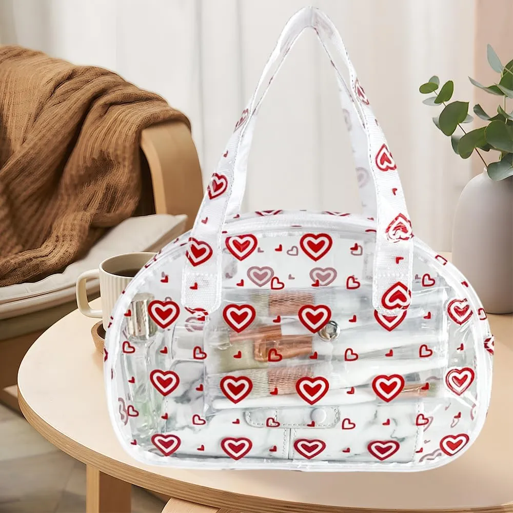 ONEART Portable Clear Makeup Bag Heart Theme Waterproof Half-moon Handbags with Zipper Cosmetic Pouch for Women toiletry Bag