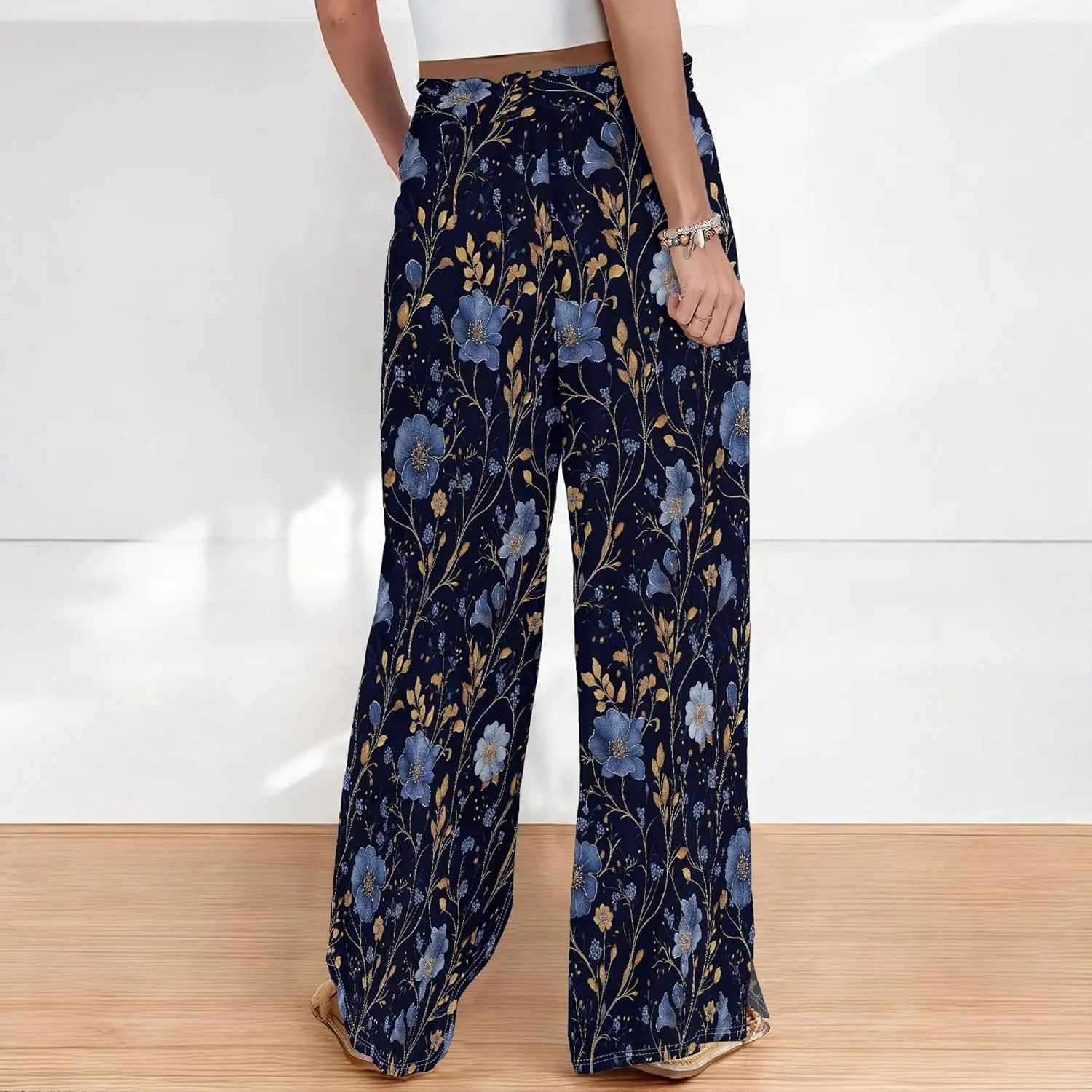 Palazzo Pants for Women Floral Summer Boho Casual Wide Leg Beach High Waist Lounge Ladies Trousers with Pockets