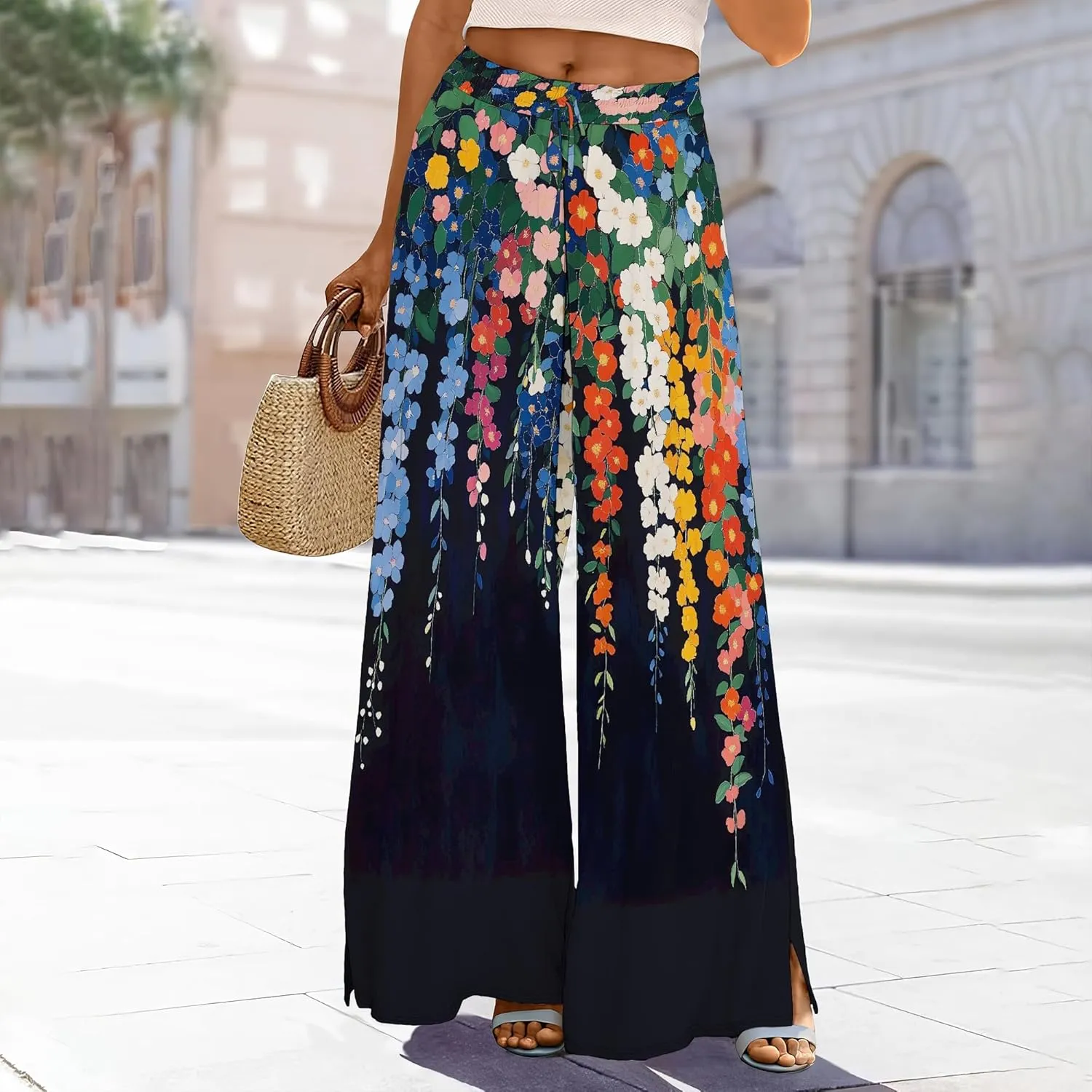 Palazzo Pants for Women Floral Summer Boho Casual Wide Leg Beach High Waist Lounge Ladies Trousers with Pockets