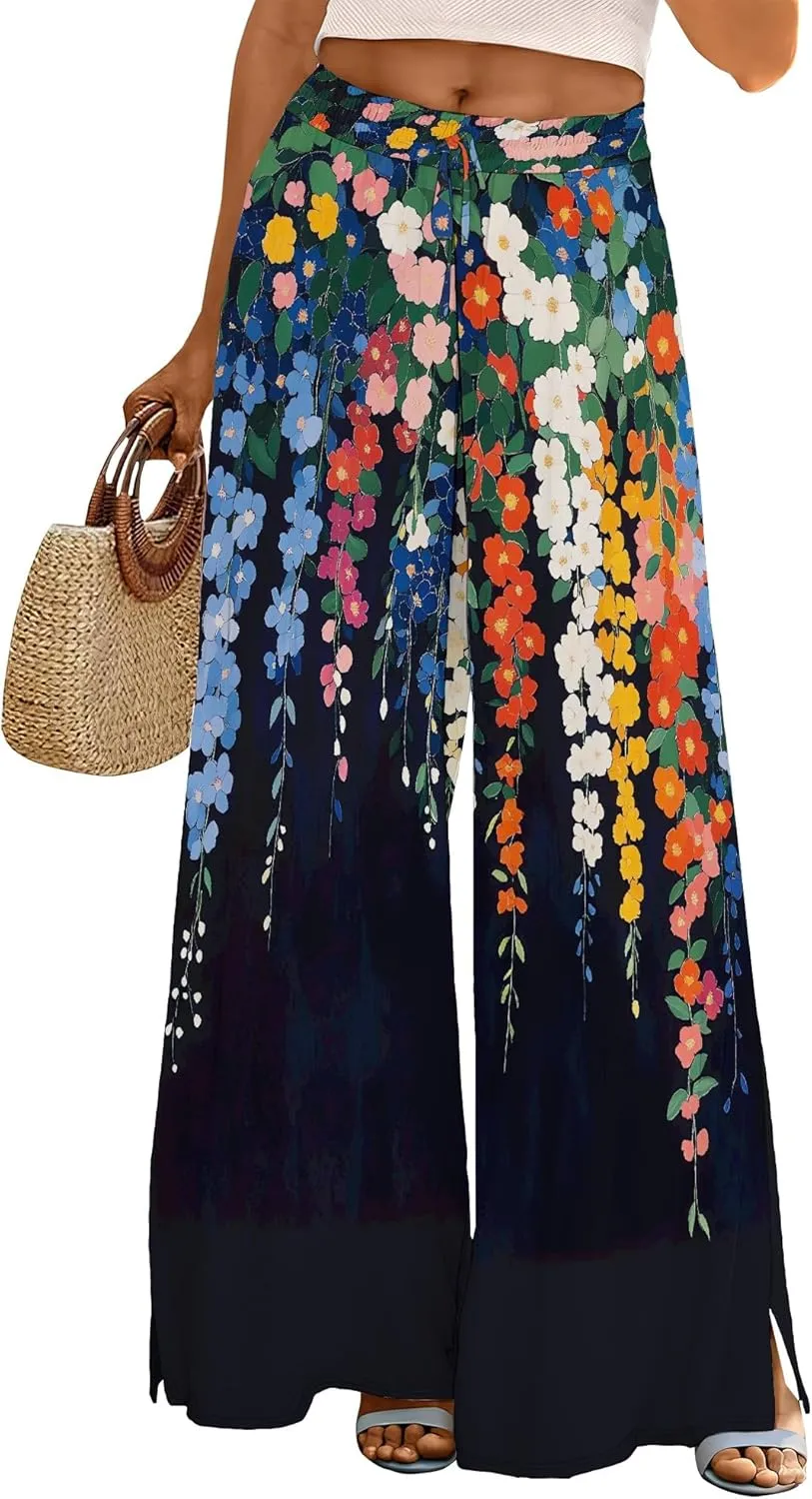 Palazzo Pants for Women Floral Summer Boho Casual Wide Leg Beach High Waist Lounge Ladies Trousers with Pockets