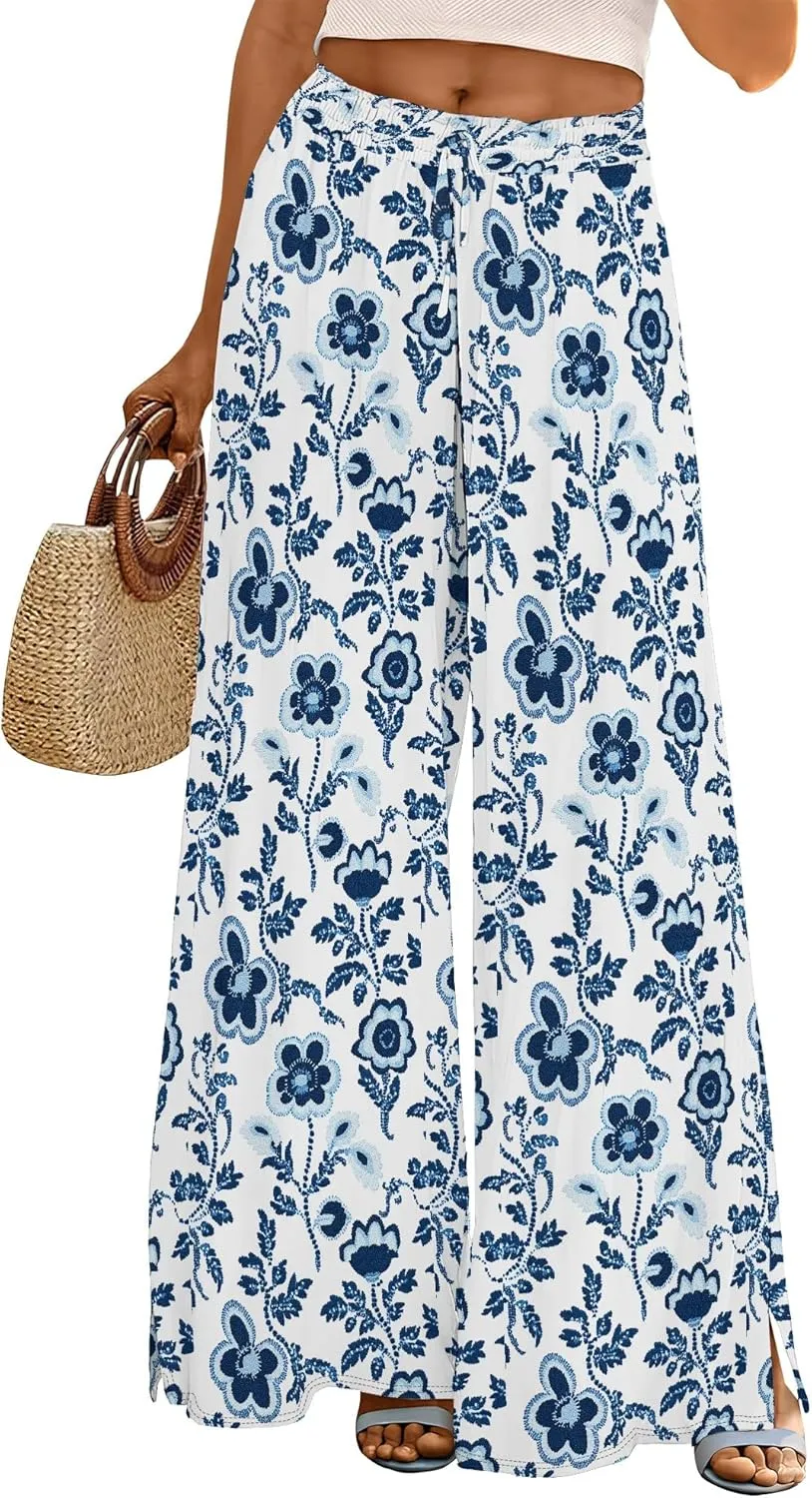 Palazzo Pants for Women Floral Summer Boho Casual Wide Leg Beach High Waist Lounge Ladies Trousers with Pockets