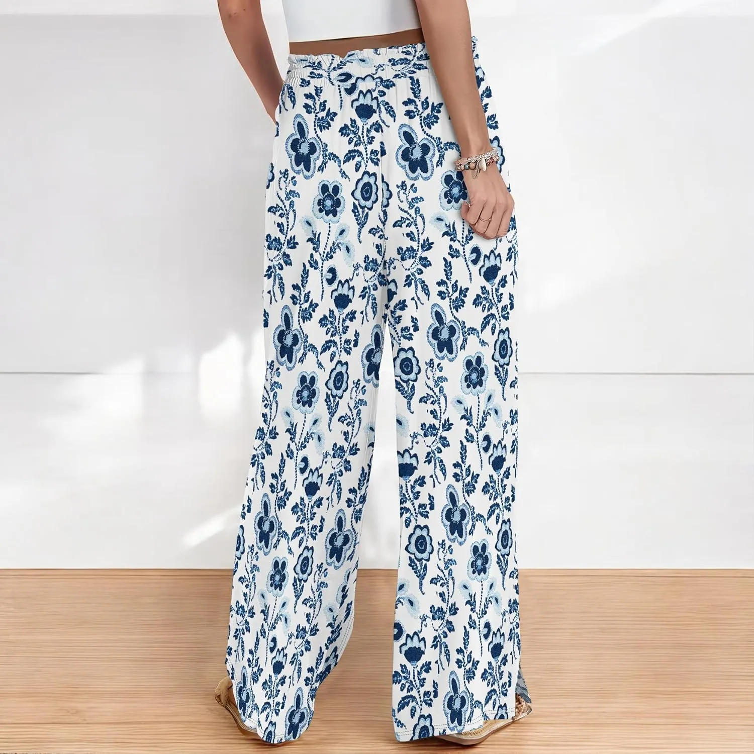 Palazzo Pants for Women Floral Summer Boho Casual Wide Leg Beach High Waist Lounge Ladies Trousers with Pockets