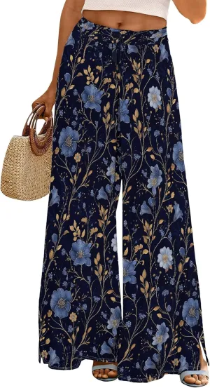 Palazzo Pants for Women Floral Summer Boho Casual Wide Leg Beach High Waist Lounge Ladies Trousers with Pockets