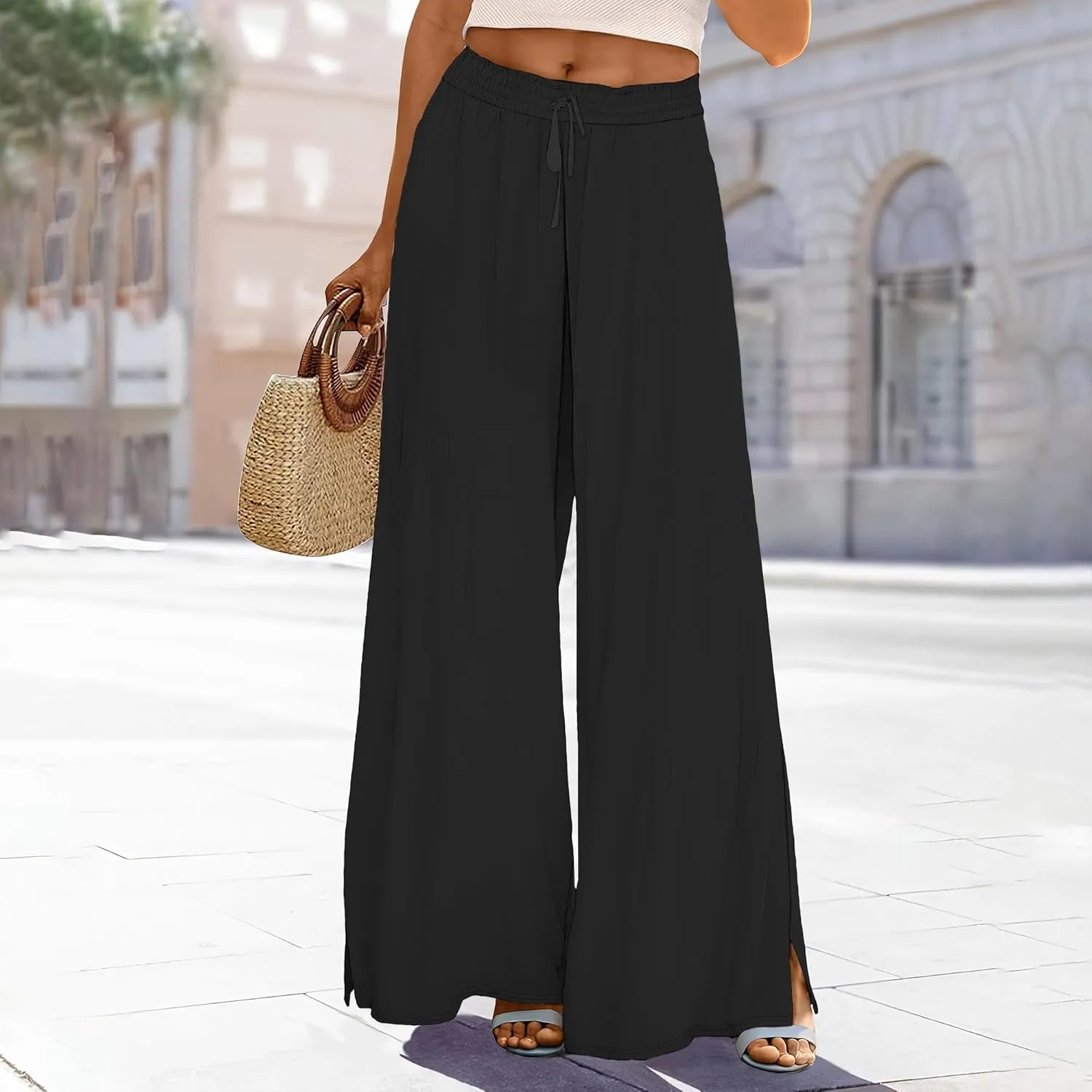 Palazzo Pants for Women Floral Summer Boho Casual Wide Leg Beach High Waist Lounge Ladies Trousers with Pockets