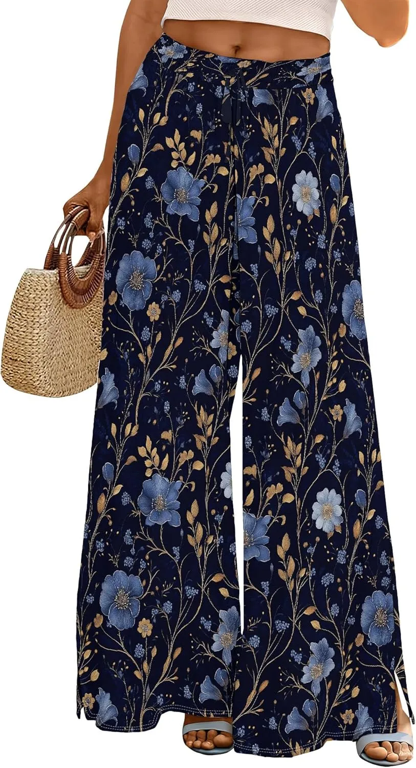 Palazzo Pants for Women Floral Summer Boho Casual Wide Leg Beach High Waist Lounge Ladies Trousers with Pockets