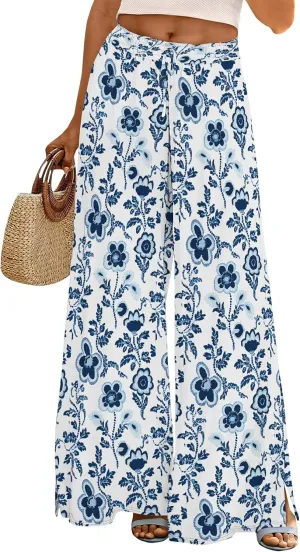 Palazzo Pants for Women Floral Summer Boho Casual Wide Leg Beach High Waist Lounge Ladies Trousers with Pockets