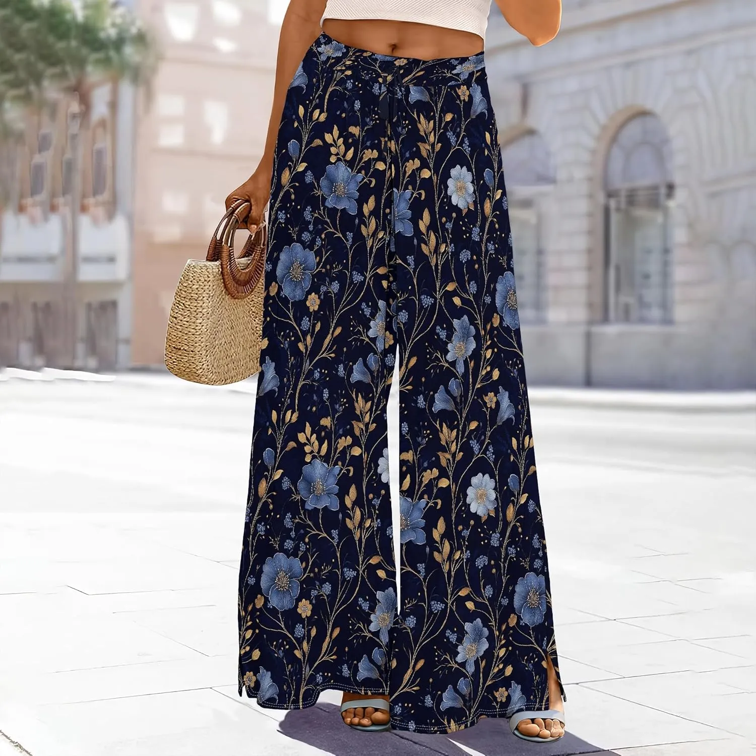 Palazzo Pants for Women Floral Summer Boho Casual Wide Leg Beach High Waist Lounge Ladies Trousers with Pockets