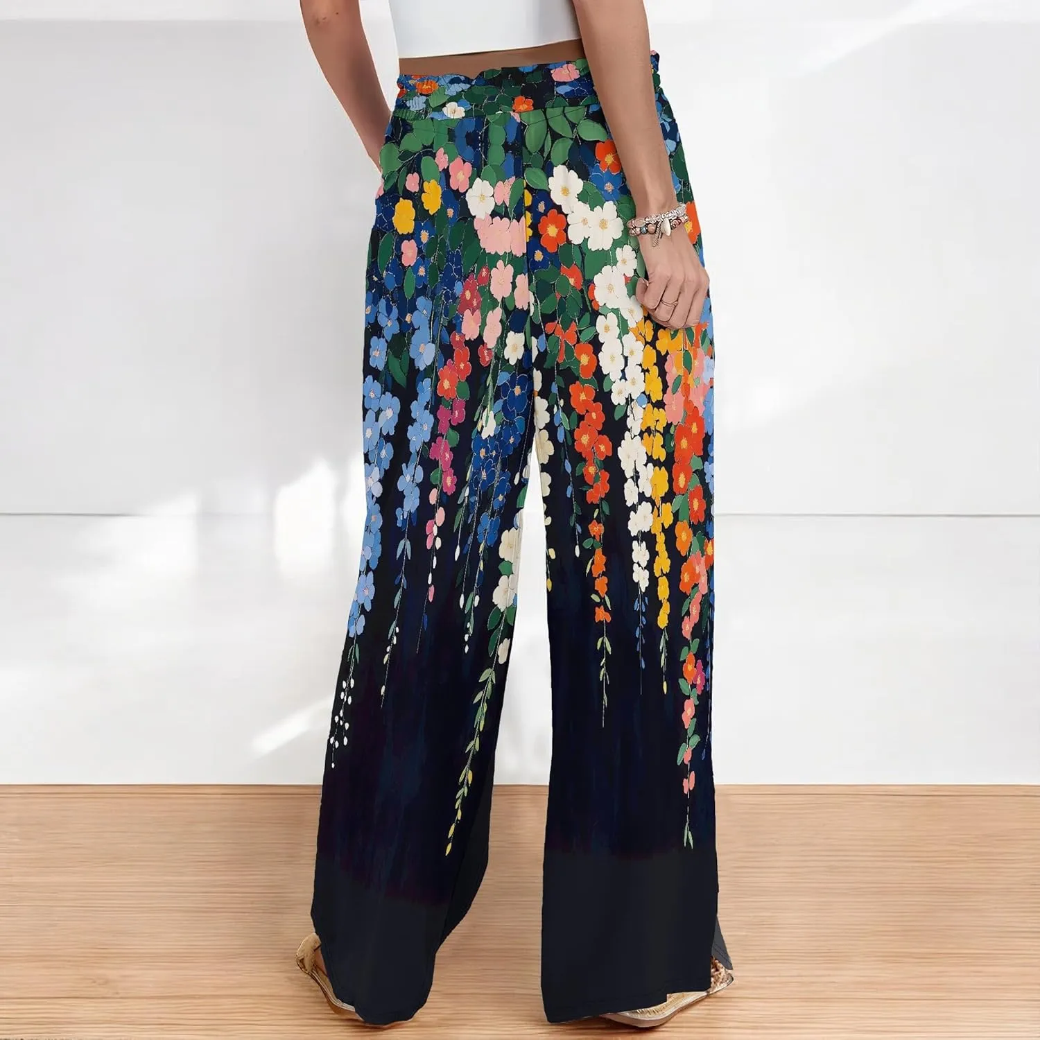 Palazzo Pants for Women Floral Summer Boho Casual Wide Leg Beach High Waist Lounge Ladies Trousers with Pockets