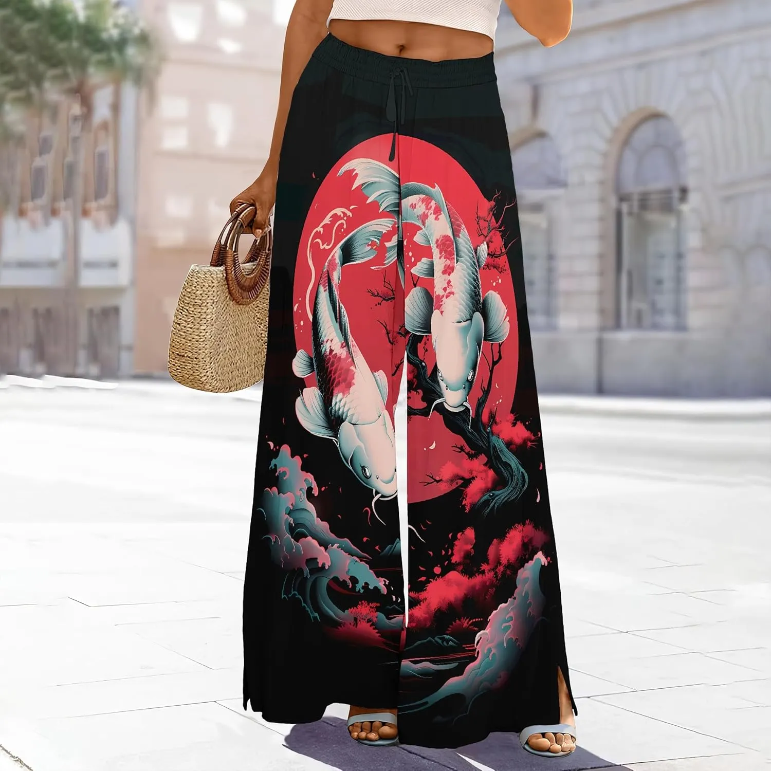 Palazzo Pants for Women Floral Summer Boho Casual Wide Leg Beach High Waist Lounge Ladies Trousers with Pockets