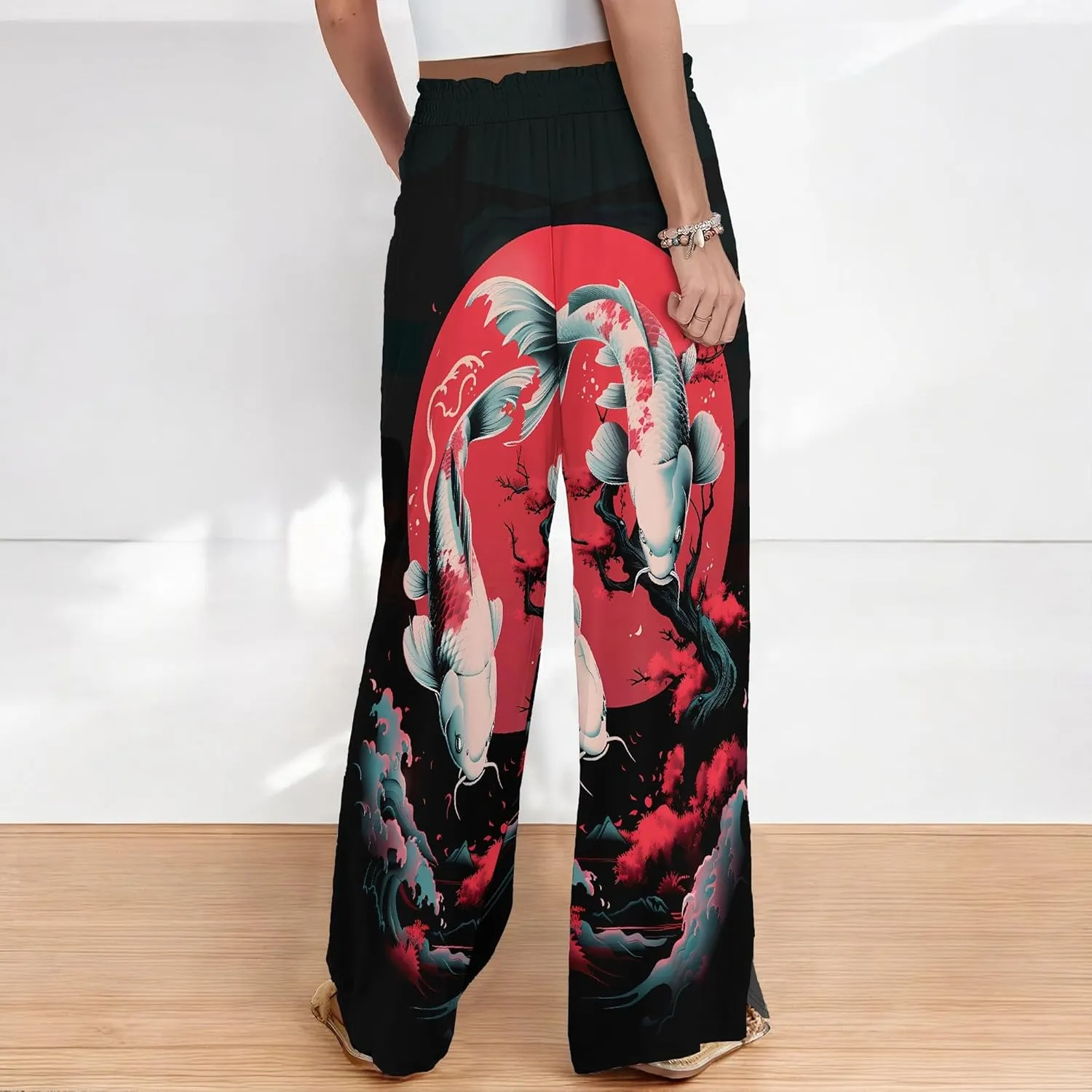 Palazzo Pants for Women Floral Summer Boho Casual Wide Leg Beach High Waist Lounge Ladies Trousers with Pockets