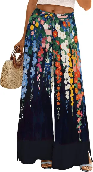 Palazzo Pants for Women Floral Summer Boho Casual Wide Leg Beach High Waist Lounge Ladies Trousers with Pockets