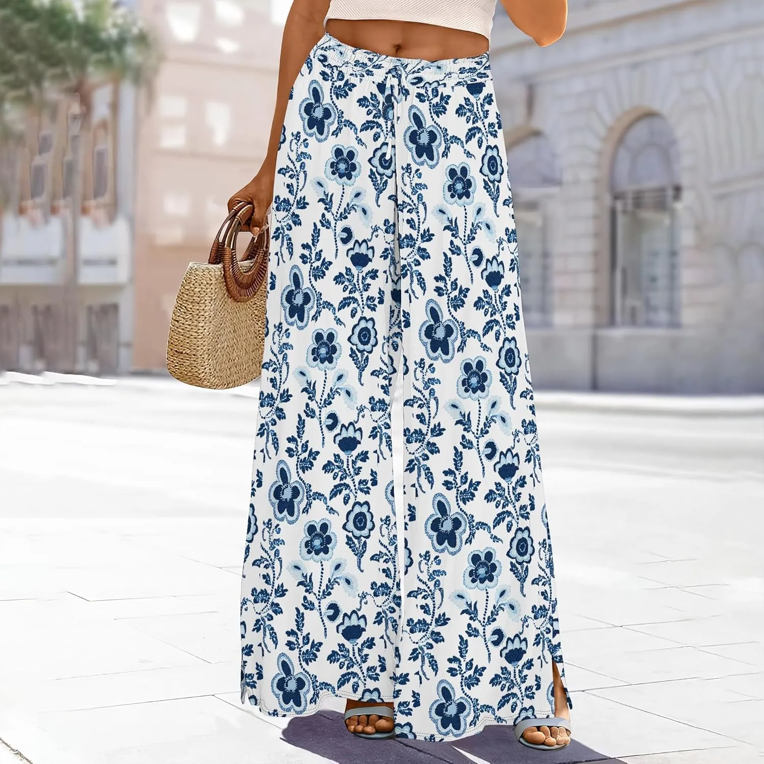 Palazzo Pants for Women Floral Summer Boho Casual Wide Leg Beach High Waist Lounge Ladies Trousers with Pockets