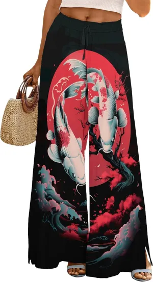 Palazzo Pants for Women Floral Summer Boho Casual Wide Leg Beach High Waist Lounge Ladies Trousers with Pockets