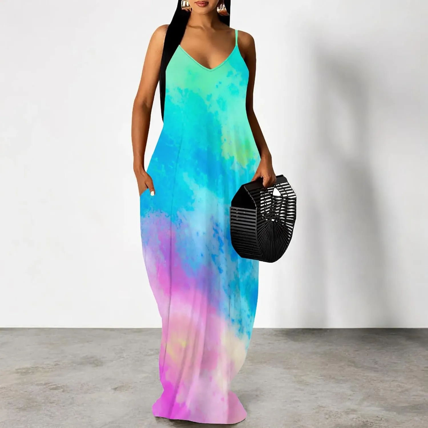 PinkPatty Women Summer Plus Size Hawaiian Dresses Spaghetti Strap Maxi Dress Beach Boho Casual Sundress