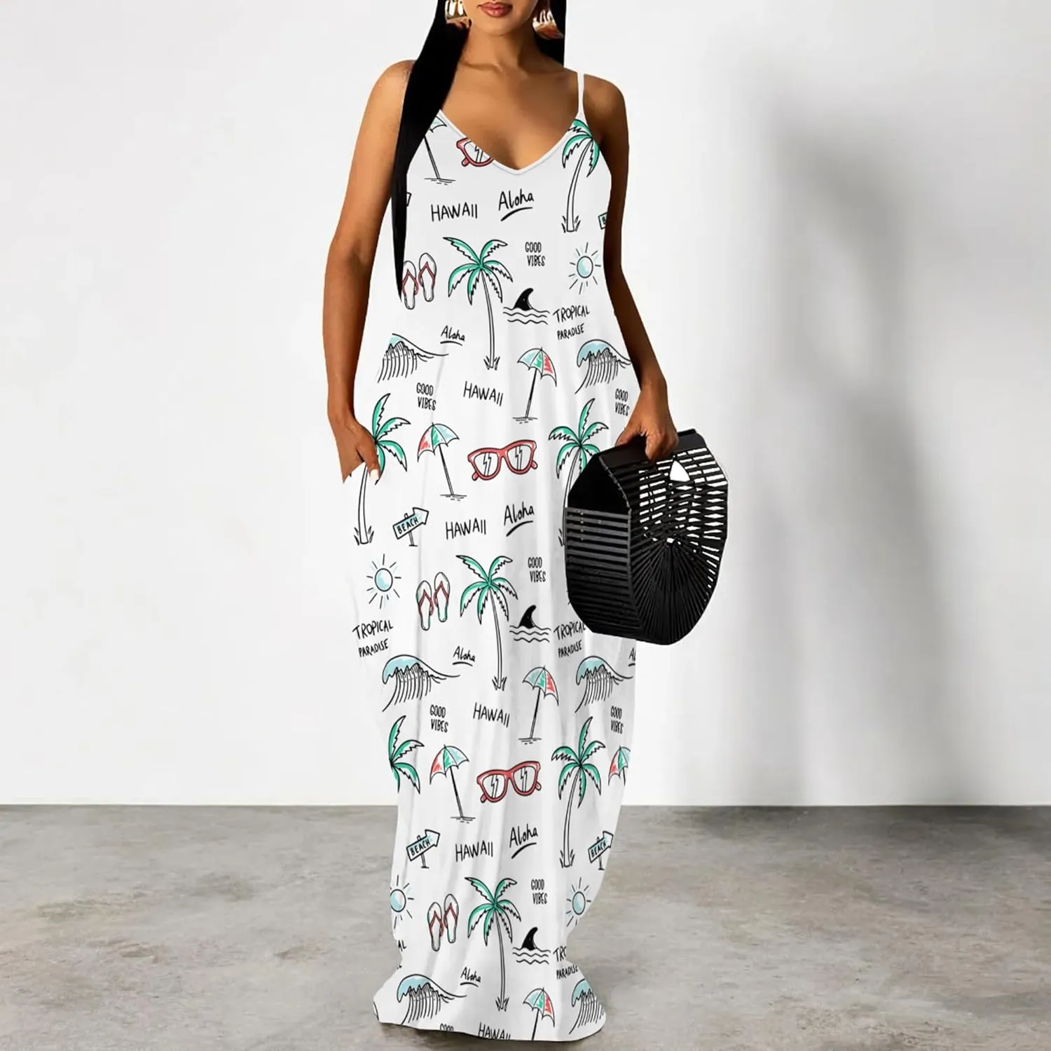 PinkPatty Women Summer Plus Size Hawaiian Dresses Spaghetti Strap Maxi Dress Beach Boho Casual Sundress