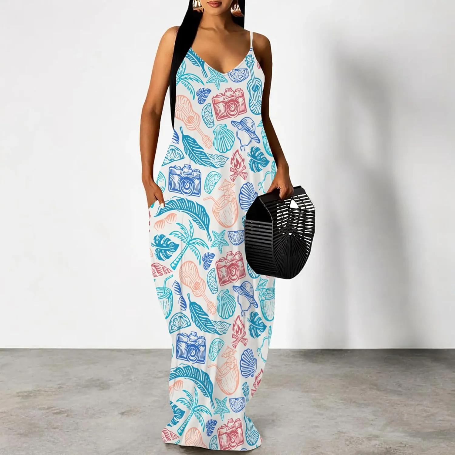 PinkPatty Women Summer Plus Size Hawaiian Dresses Spaghetti Strap Maxi Dress Beach Boho Casual Sundress