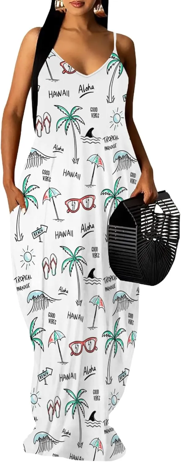 PinkPatty Women Summer Plus Size Hawaiian Dresses Spaghetti Strap Maxi Dress Beach Boho Casual Sundress