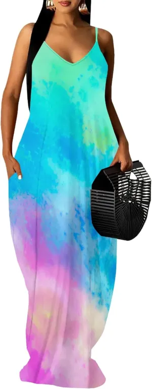 PinkPatty Women Summer Plus Size Hawaiian Dresses Spaghetti Strap Maxi Dress Beach Boho Casual Sundress