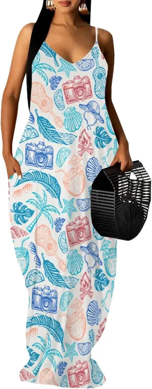 PinkPatty Women Summer Plus Size Hawaiian Dresses Spaghetti Strap Maxi Dress Beach Boho Casual Sundress
