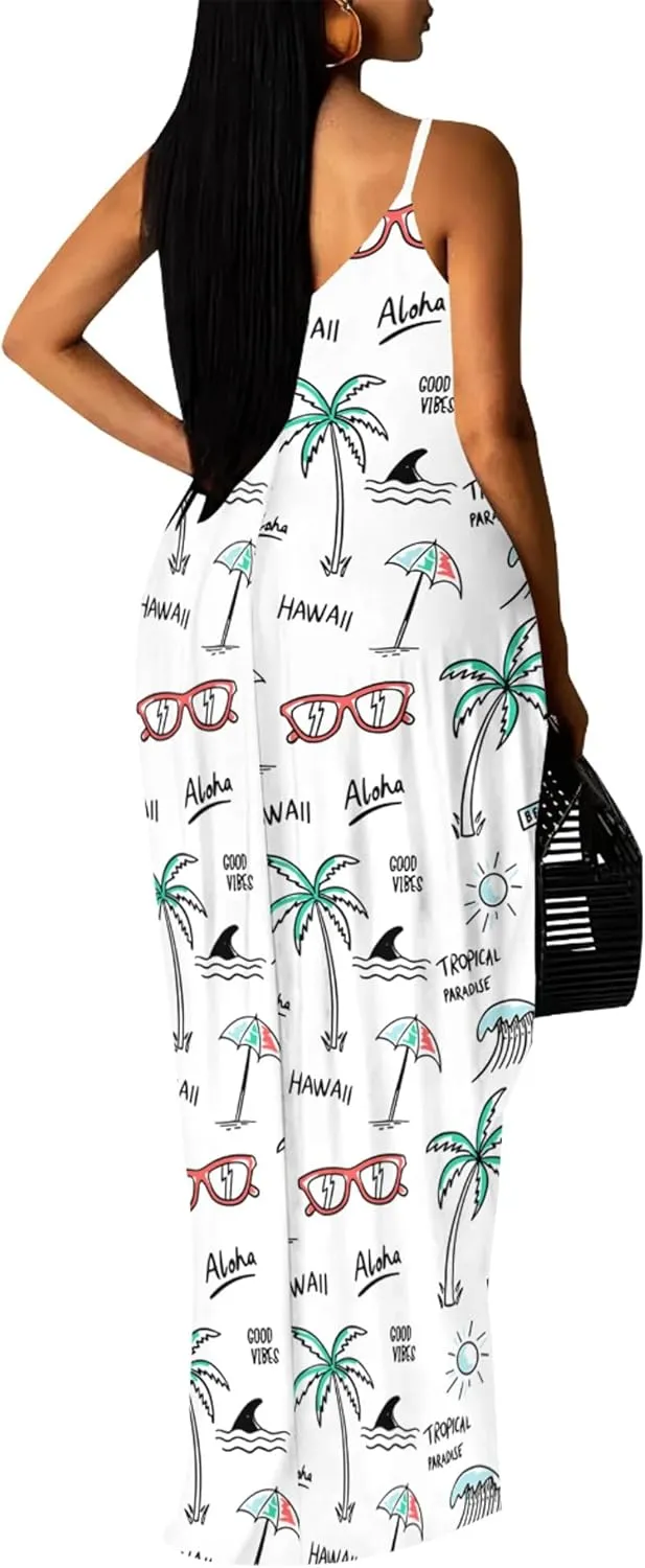 PinkPatty Women Summer Plus Size Hawaiian Dresses Spaghetti Strap Maxi Dress Beach Boho Casual Sundress