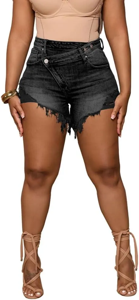 PINSV Women's High Waisted Crossover Denim Shorts