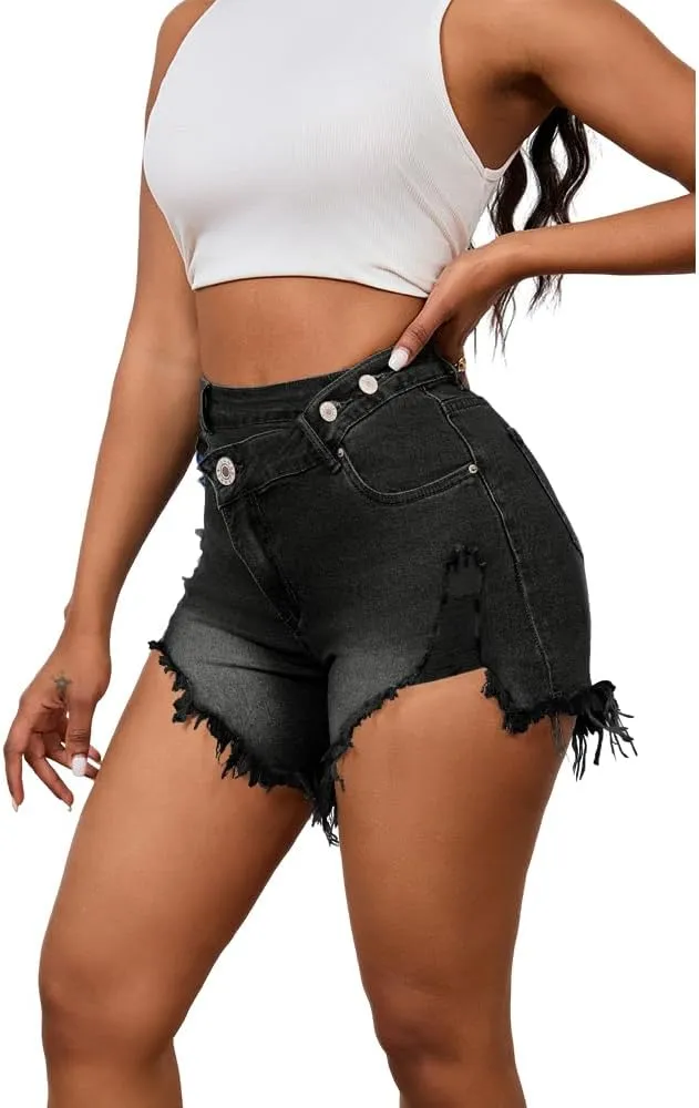 PINSV Women's High Waisted Crossover Denim Shorts