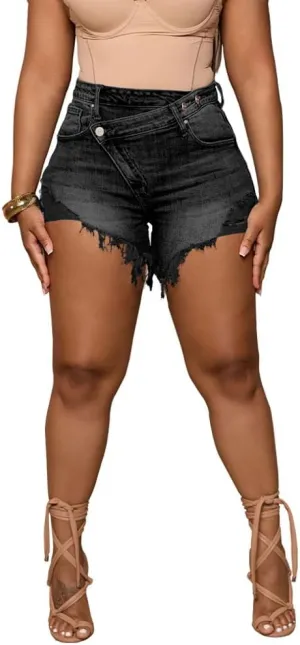 PINSV Women's High Waisted Crossover Denim Shorts