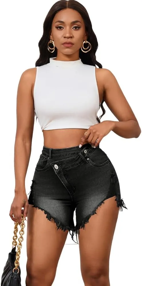 PINSV Women's High Waisted Crossover Denim Shorts