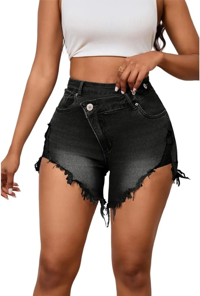 PINSV Women's High Waisted Crossover Denim Shorts
