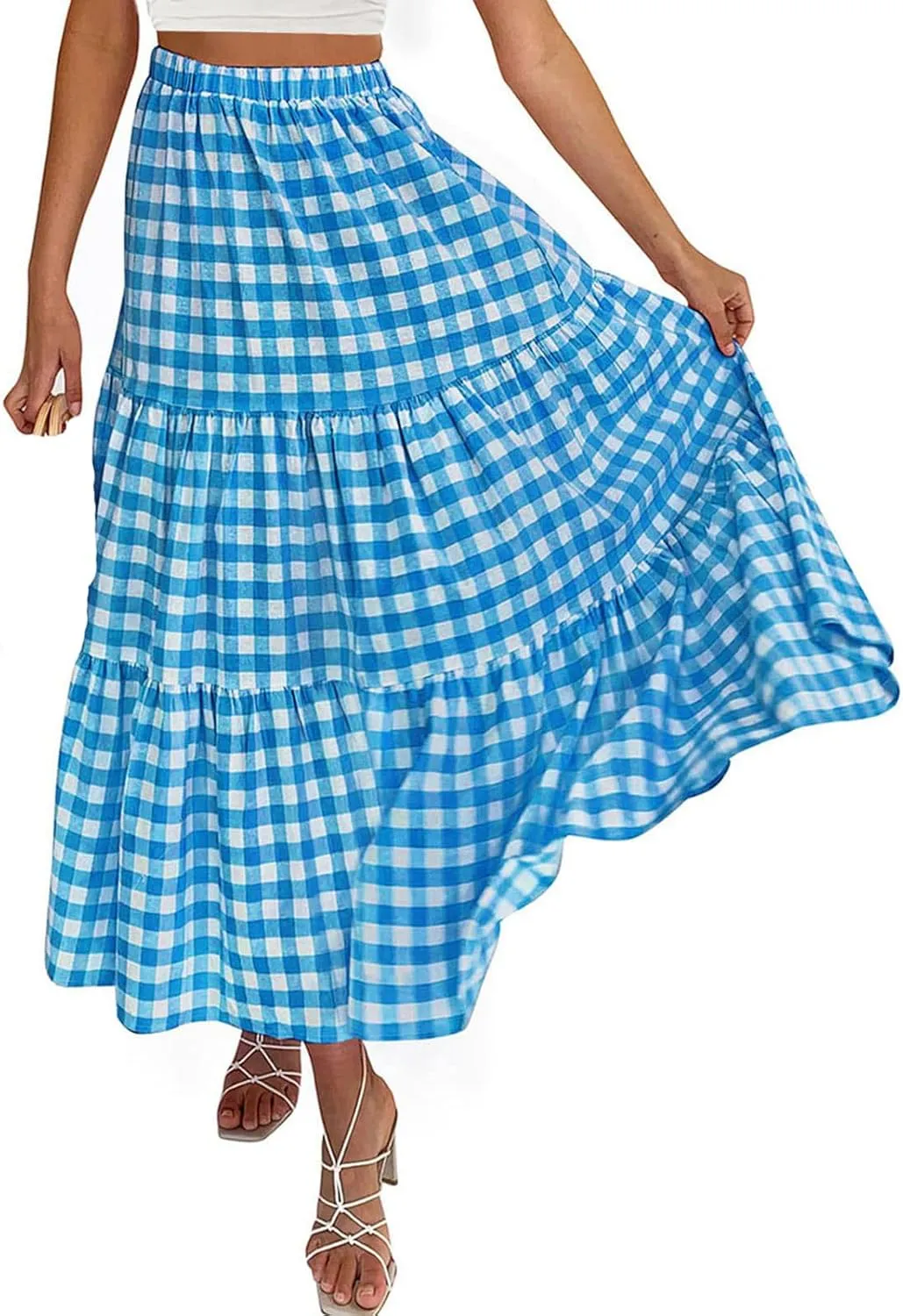 Plaid Skirt Women lastic High Waist Gingham Summer Plus Size Long Skirt A Line Long Skirt