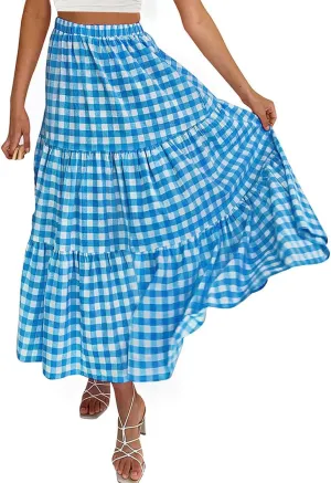 Plaid Skirt Women lastic High Waist Gingham Summer Plus Size Long Skirt A Line Long Skirt