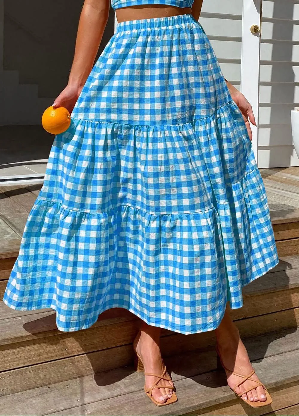 Plaid Skirt Women lastic High Waist Gingham Summer Plus Size Long Skirt A Line Long Skirt