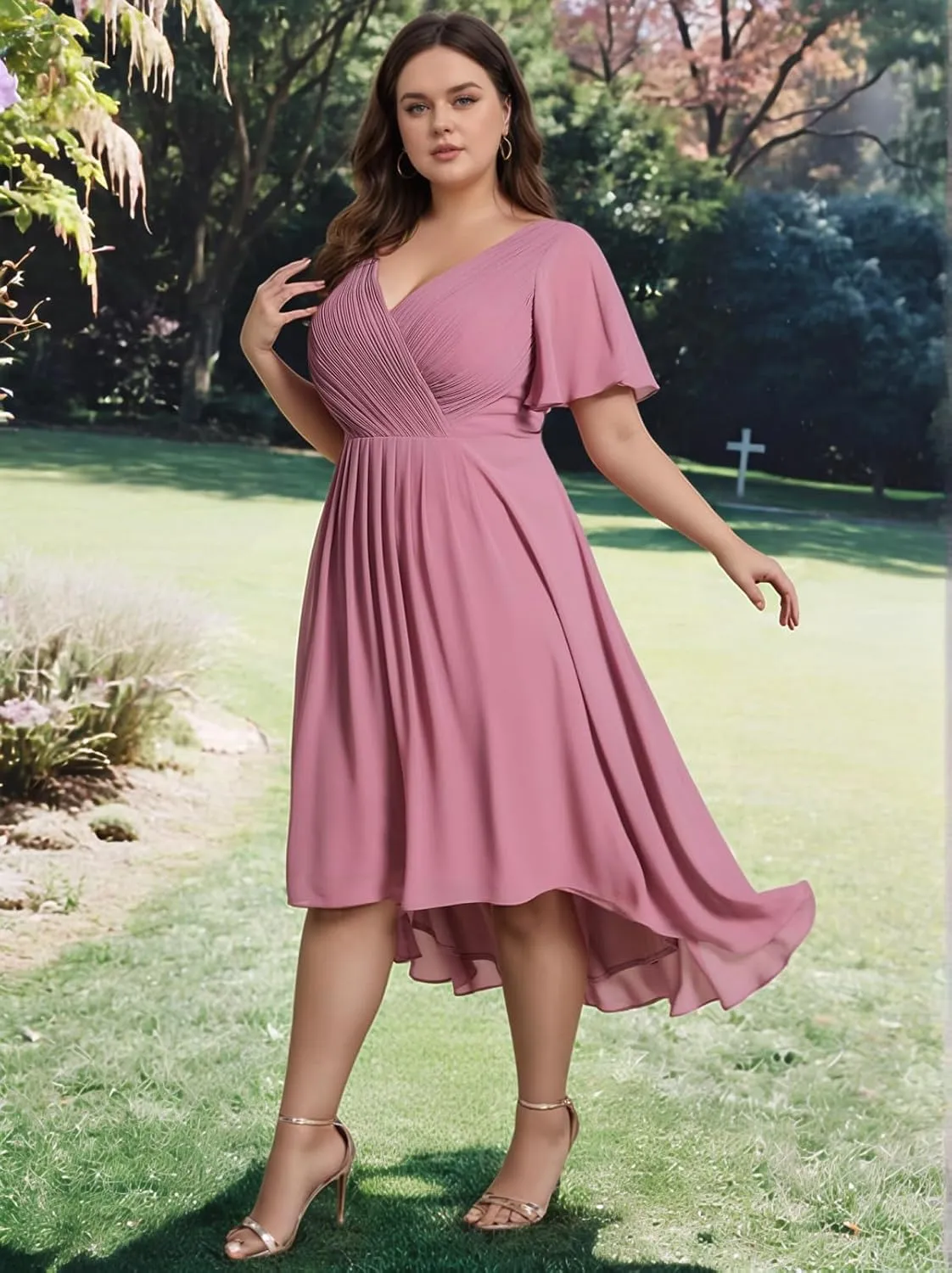 Plus Size Mother of The Bride Dresses Short Sleeve Wedding Guest Dresses Chiffon Formal Dresses with Pockets