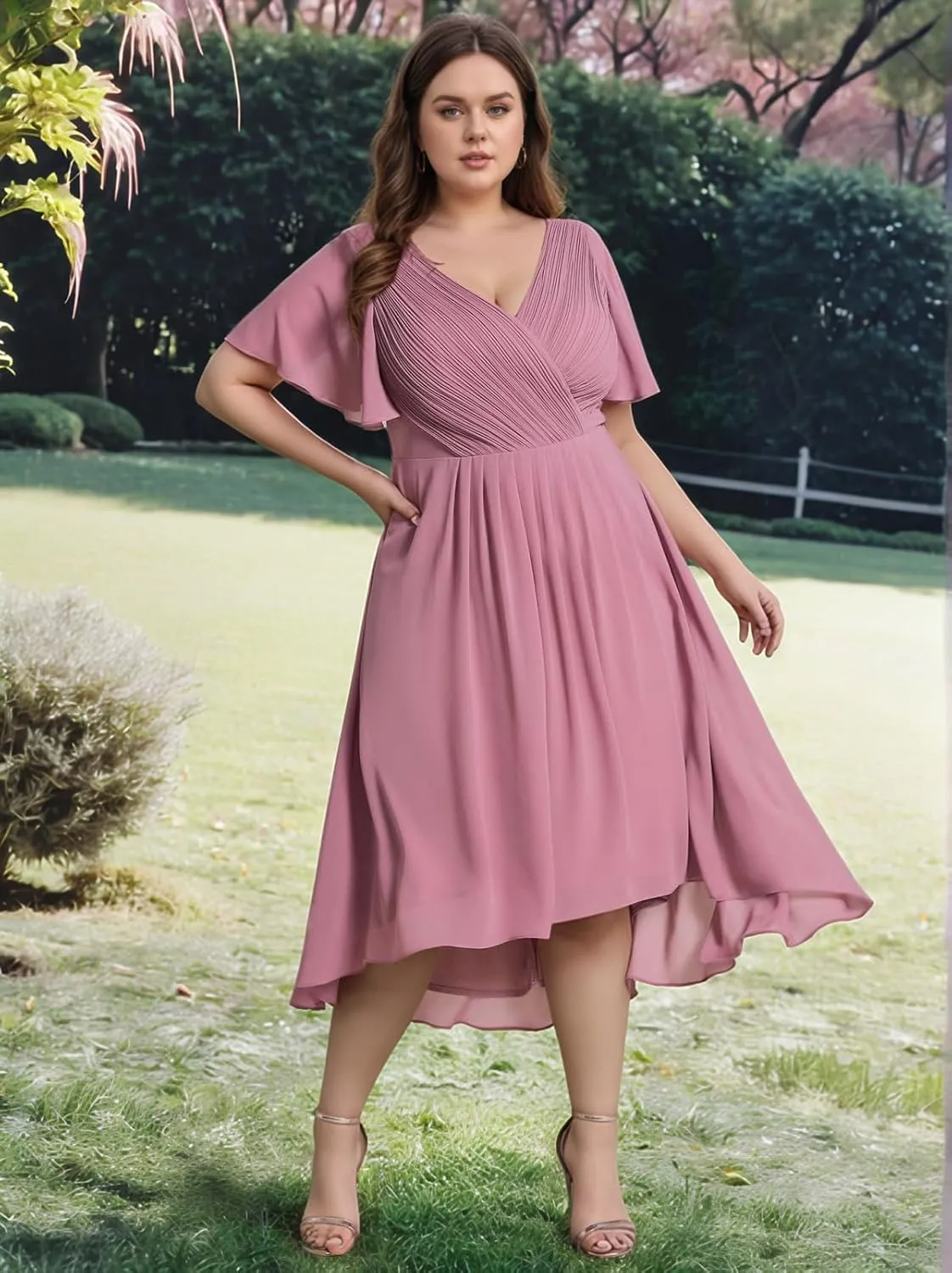 Plus Size Mother of The Bride Dresses Short Sleeve Wedding Guest Dresses Chiffon Formal Dresses with Pockets