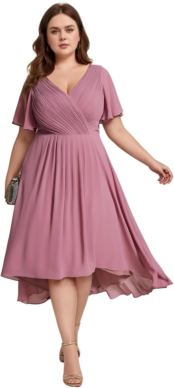 Plus Size Mother of The Bride Dresses Short Sleeve Wedding Guest Dresses Chiffon Formal Dresses with Pockets