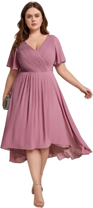 Plus Size Mother of The Bride Dresses Short Sleeve Wedding Guest Dresses Chiffon Formal Dresses with Pockets