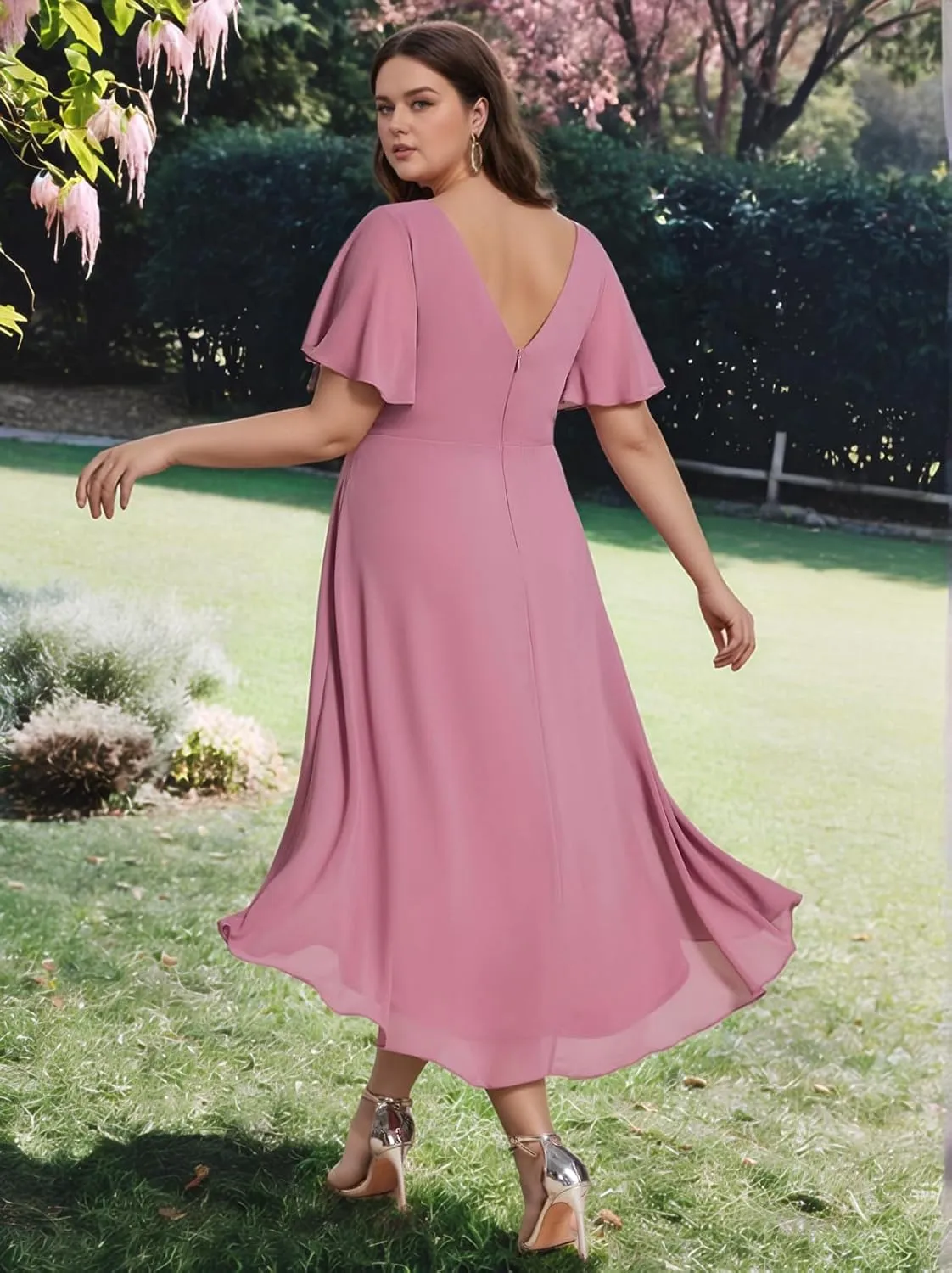 Plus Size Mother of The Bride Dresses Short Sleeve Wedding Guest Dresses Chiffon Formal Dresses with Pockets