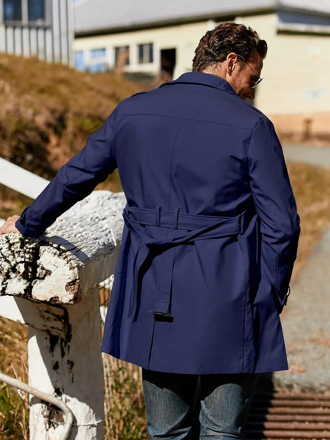 Pretifeel Mens Trench Coat Slim Fit Double Breasted Long Jacket Notched Lapel Belt Fall Windproof Coat