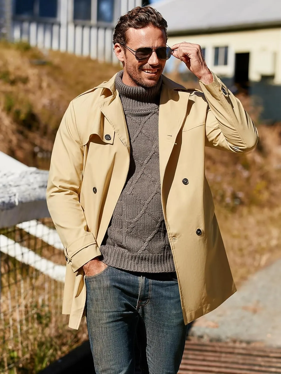 Pretifeel Mens Trench Coat Slim Fit Double Breasted Long Jacket Notched Lapel Belt Fall Windproof Coat