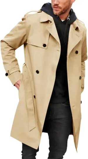 Pretifeel Mens Trench Coat Slim Fit Double Breasted Long Jacket Notched Lapel Belt Fall Windproof Coat