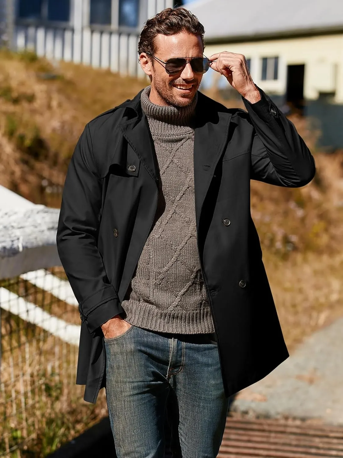 Pretifeel Mens Trench Coat Slim Fit Double Breasted Long Jacket Notched Lapel Belt Fall Windproof Coat