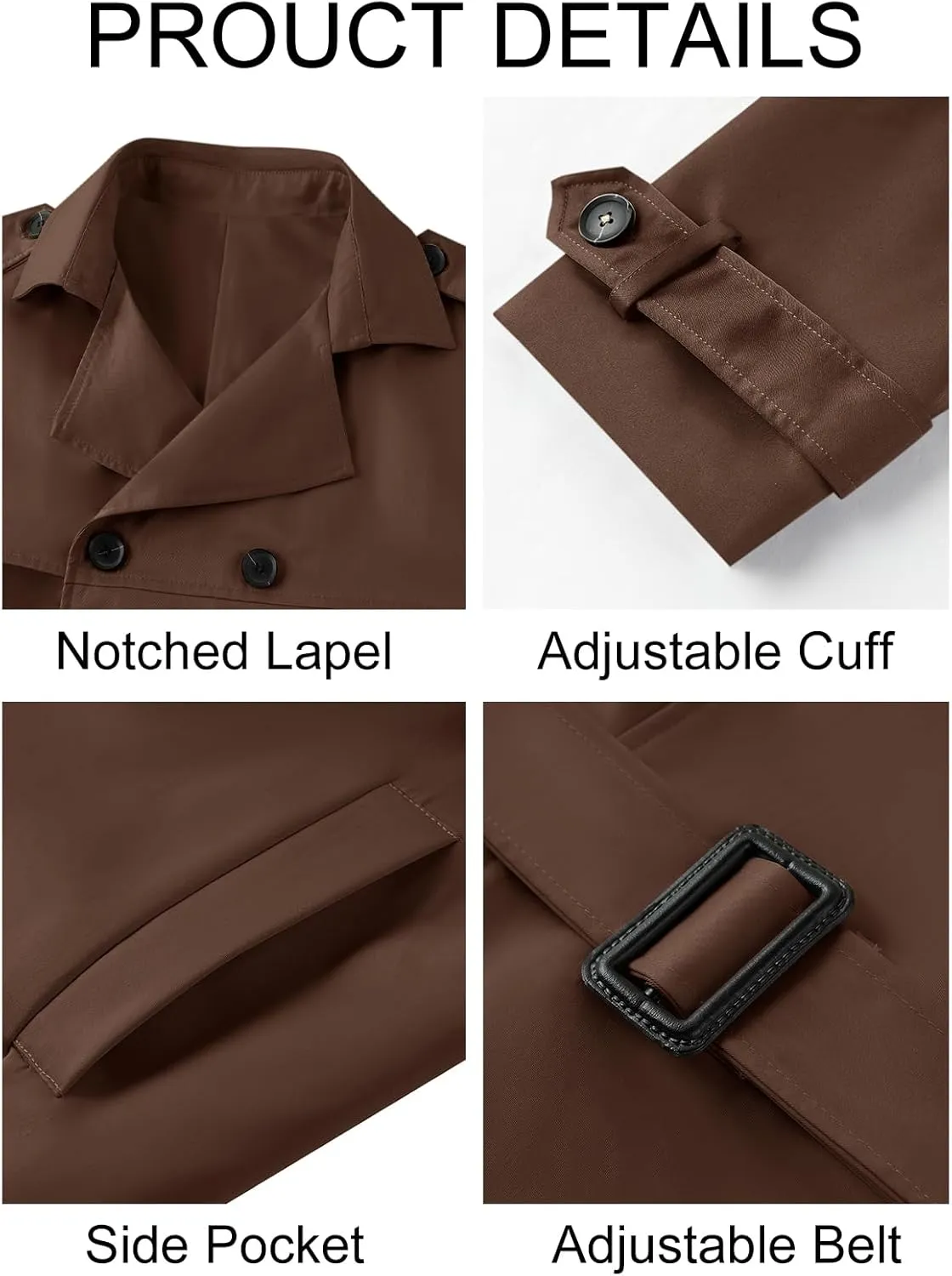 Pretifeel Mens Trench Coat Slim Fit Double Breasted Long Jacket Notched Lapel Belt Fall Windproof Coat