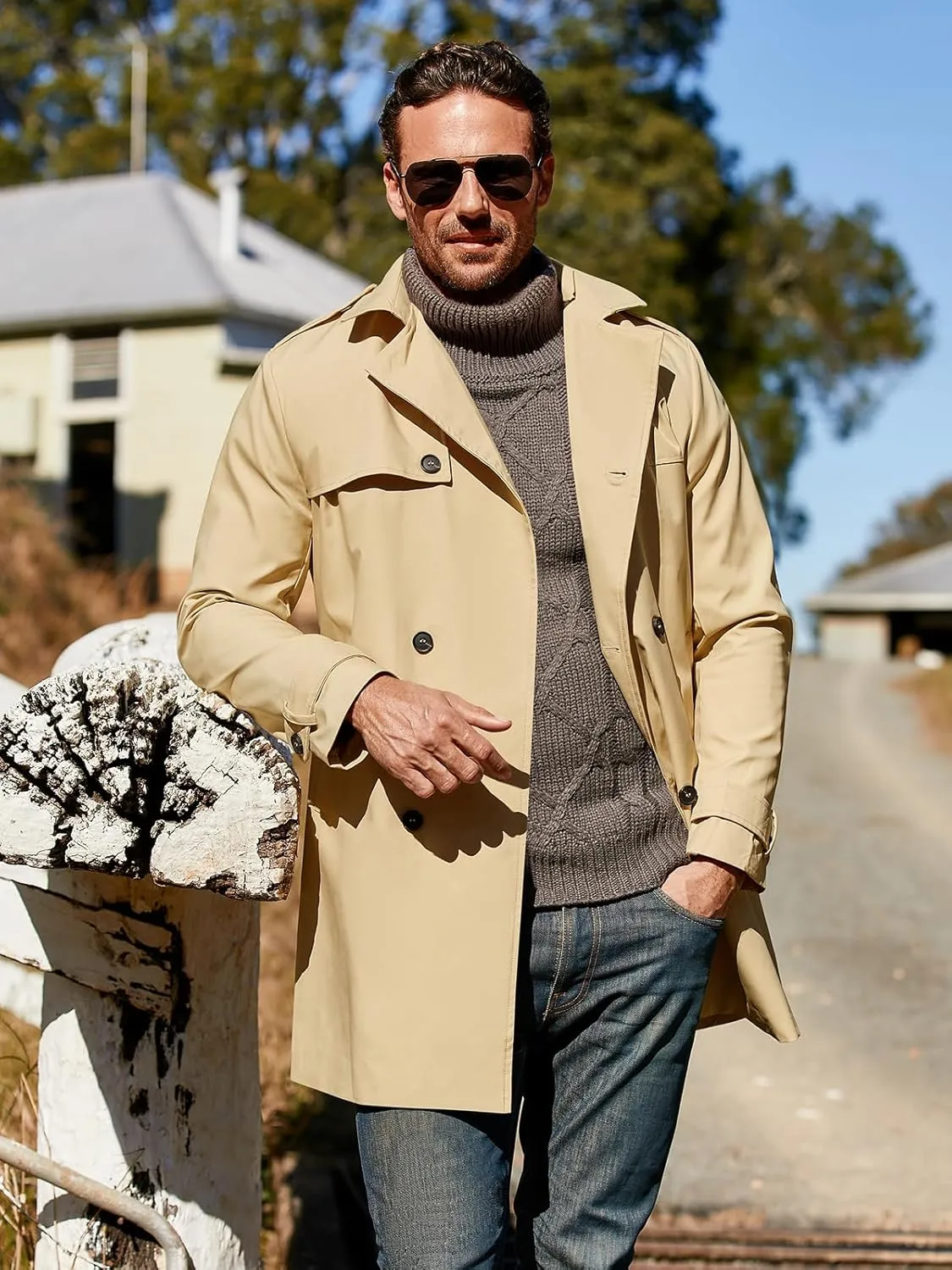 Pretifeel Mens Trench Coat Slim Fit Double Breasted Long Jacket Notched Lapel Belt Fall Windproof Coat