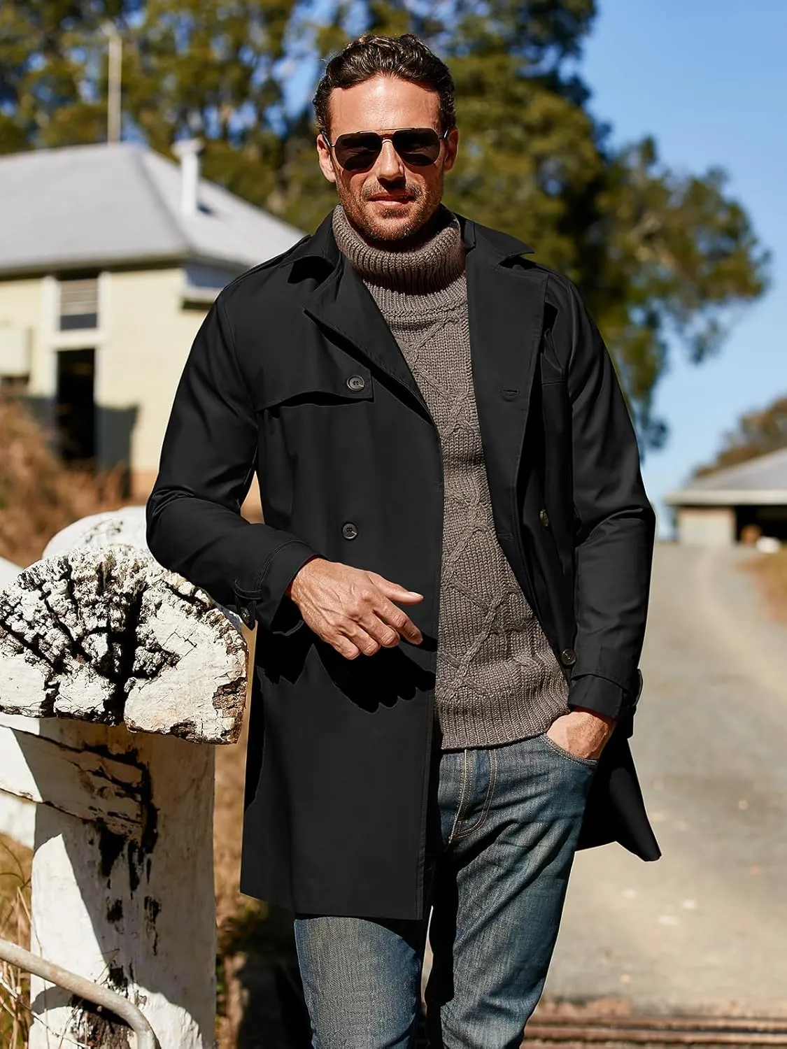 Pretifeel Mens Trench Coat Slim Fit Double Breasted Long Jacket Notched Lapel Belt Fall Windproof Coat