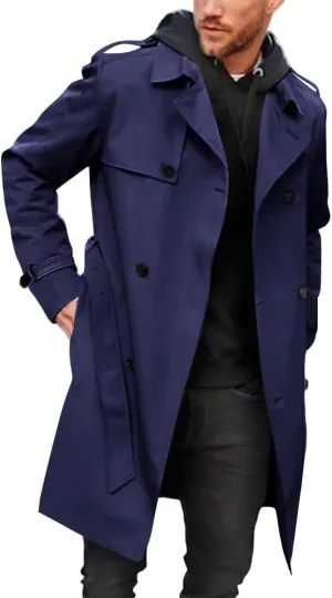Pretifeel Mens Trench Coat Slim Fit Double Breasted Long Jacket Notched Lapel Belt Fall Windproof Coat