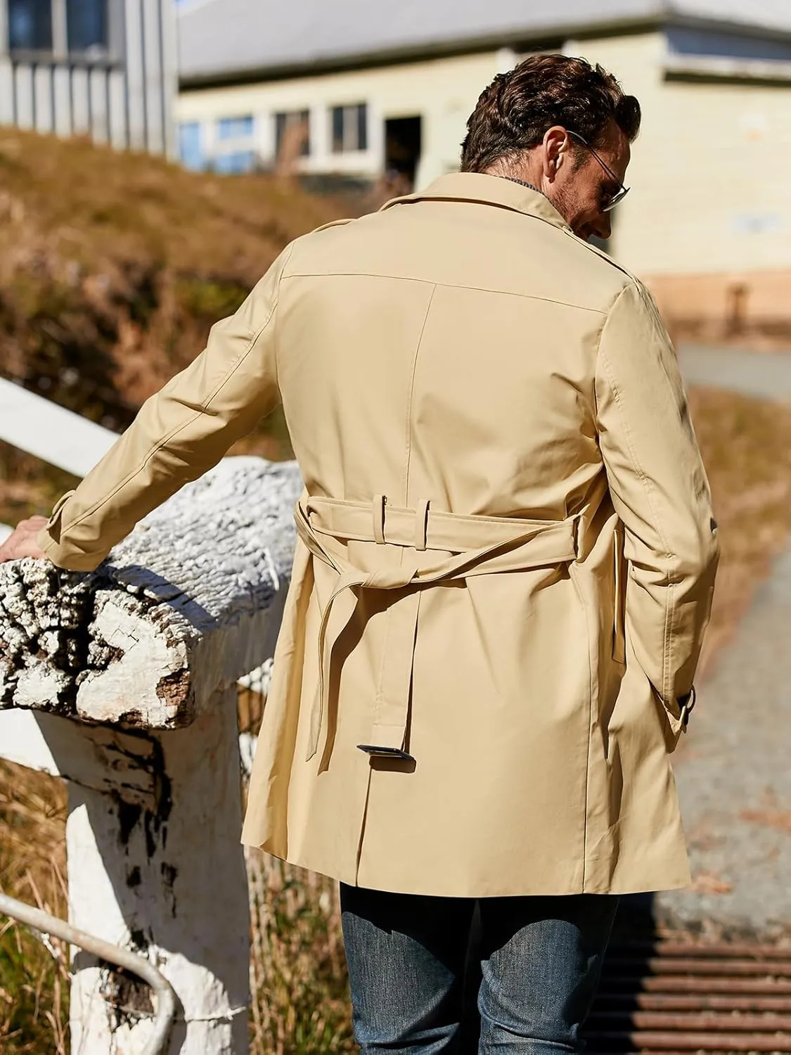 Pretifeel Mens Trench Coat Slim Fit Double Breasted Long Jacket Notched Lapel Belt Fall Windproof Coat