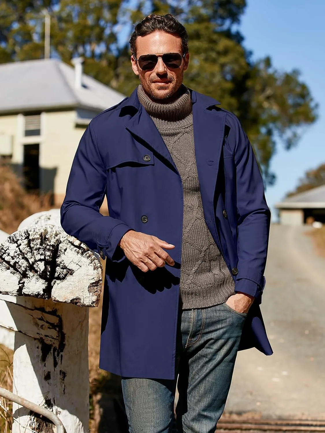 Pretifeel Mens Trench Coat Slim Fit Double Breasted Long Jacket Notched Lapel Belt Fall Windproof Coat