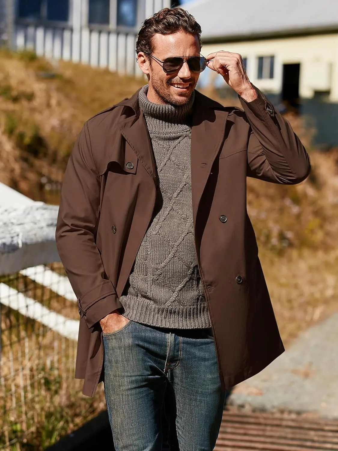Pretifeel Mens Trench Coat Slim Fit Double Breasted Long Jacket Notched Lapel Belt Fall Windproof Coat